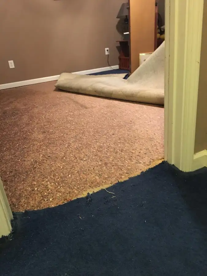 Carpet pad removal revealing water damage during Water Mitigation Services in Duanesburg